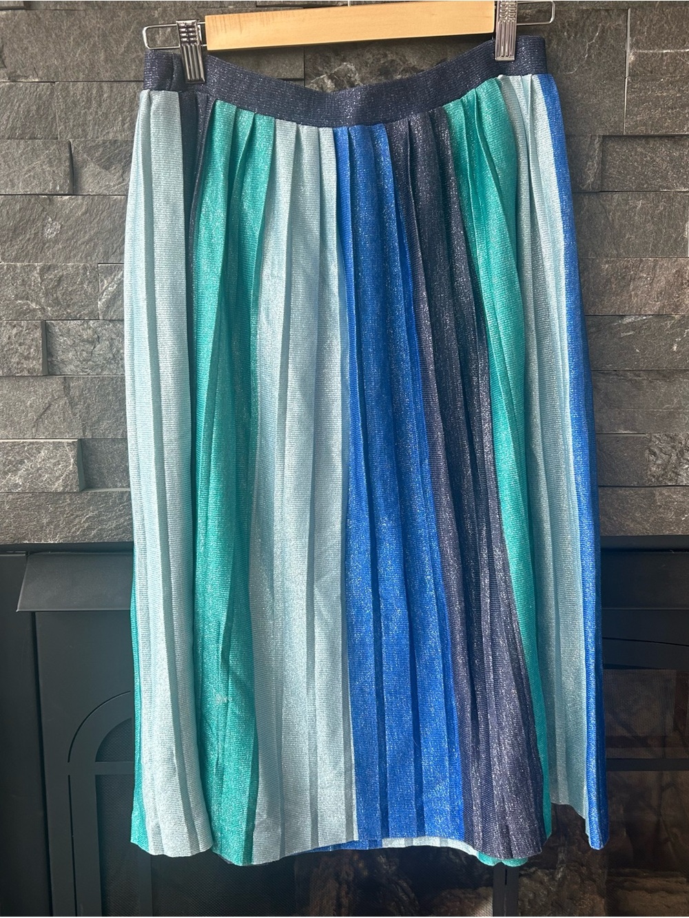 Anthropologie Maeve Colorblock Blue Metallic Shimmer Pleated Midi Skirt - Picture 3 of 5